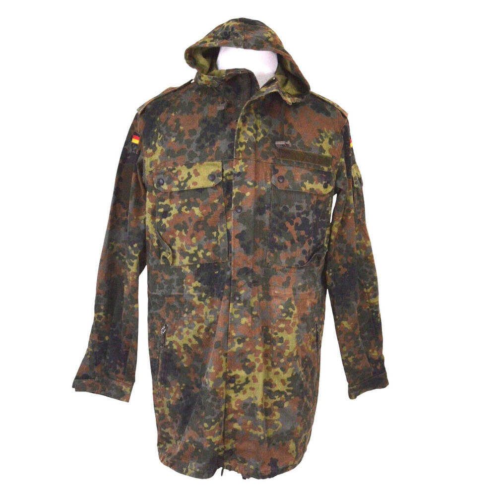 German Bundeswehr Flecktarn Camo Military Parka Jacket GR12 L Tall Hood Woodland